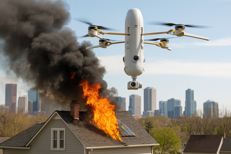 Drone responding to fire emergency with flames and smoke